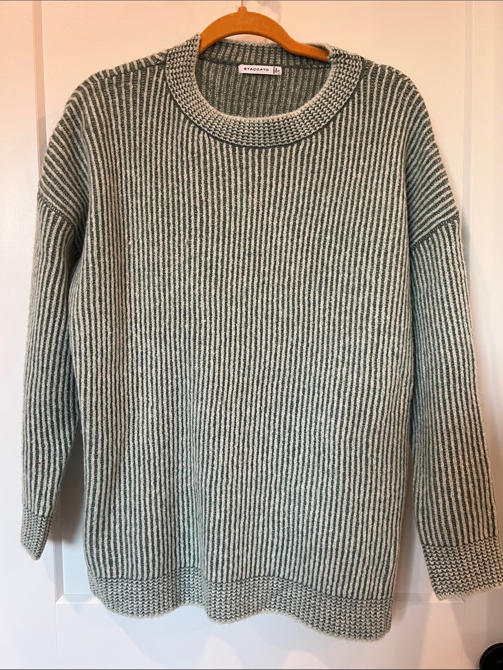 Staccato Sage and Cream Striped Crewneck Sweater Large